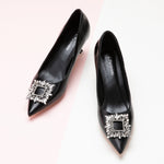 Chic Black Crystal Buckle Pumps.